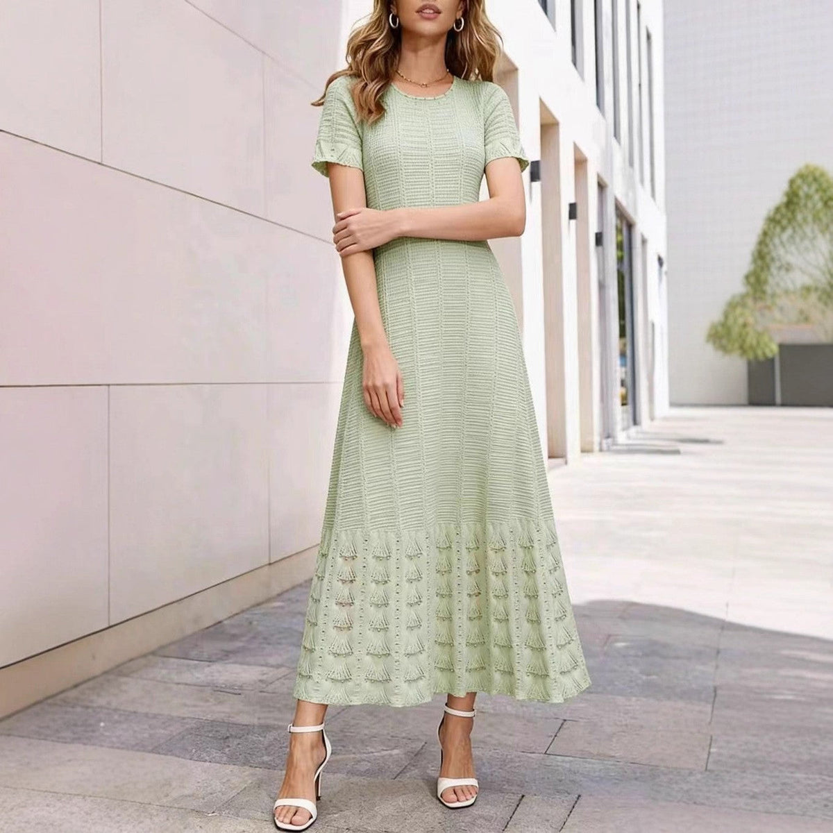 Cross-Border Round Neck Beaded Knit Dress European/American Style Short Sleeve Hollow Out Waist-Cinching Slimming Long Dress for Women Summer Ladies Dress